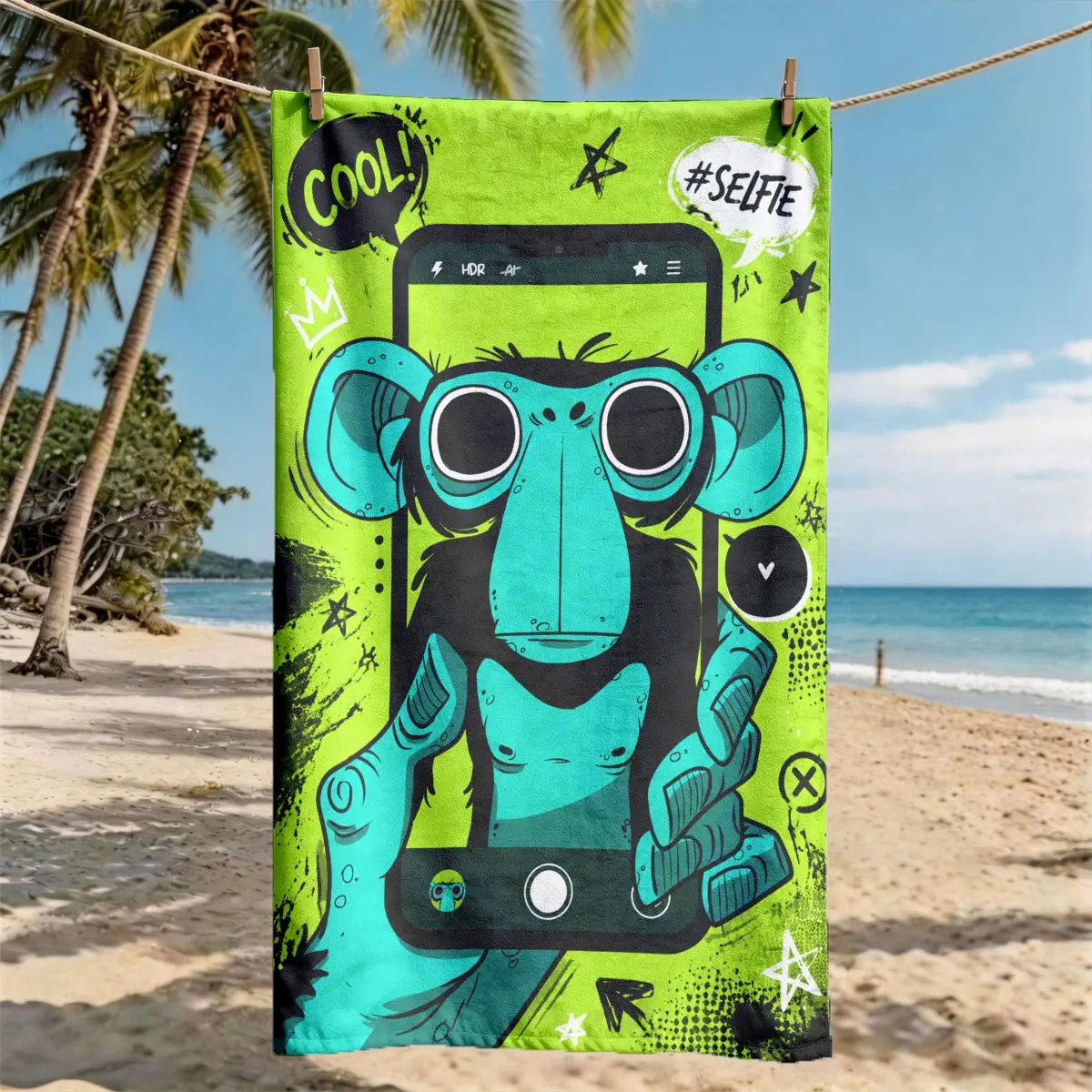 "#SELFIE Graffiti Monkey Selfie" Beach Towel | Oversized, Quick Dry, Ultra-Soft Polyester | Multi-use for Travel, Swimming, Camping, Fitness | Perfect Choice for Beach Vacations | Machine Washable | 2D Flat | Best Gift for Friends and Family.