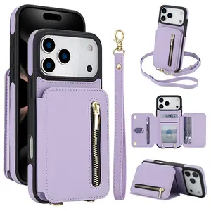 Lavender Crossbody Wallet Case for iPhone 17 Pro Max 17 Air 16 15 14 Plus 13 12 11 Pro Max PU Leather RFID Blocking Cash Holder Card Wallet Flip Stand Protective Cover with Crossbody Lanyard Strap Wristband - Protection