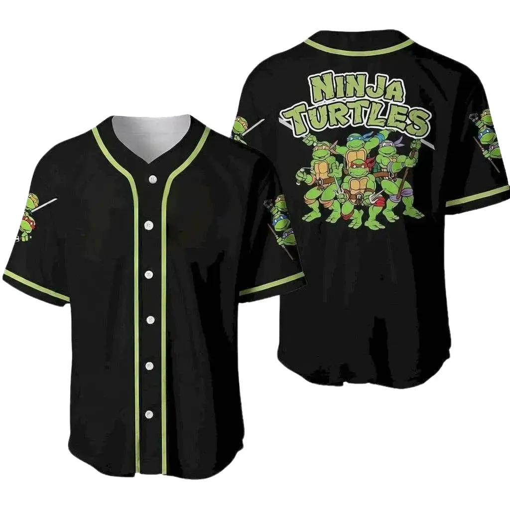 Retro Green Cartoon Ninja Turtle Black Baseball Jersey Button Down Shirt Vintage Sports Apparel for Men Women