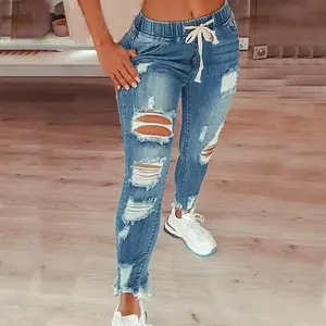 Women's trendy high waist ripped elastic waist drawstring jeans riden jeans  jeans Pants Denim