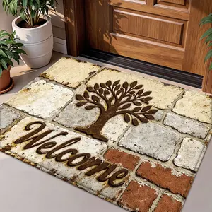 Life Tree Pattern Wool Rug, Door Mat, Non-Slip Backing, Indoor Outdoor Use, Bathroom Kitchen Bedroom Living Room Decor