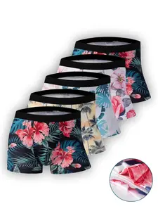 Men's 5-Pack Tropical Print Letter Tape Boxer Briefs, Casual Comfy Breathable Soft Stretch Underwear, Lightweight All-Season Daily Wear, Stylish Trendy Pattern Mens Basic Underwear Set Menswear Socks Lingerie