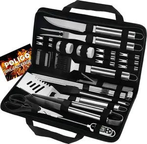 29 Piece BBQ Grill Tools Set Stainless Steel with Storage Bag, Thermometer, Tongs, Spatula, Skewers for Outdoor Cooking Silver