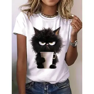 Cat Print T-shirt, Casual Short Sleeve Crew Neck Top For Spring & Summer, Women's Clothing