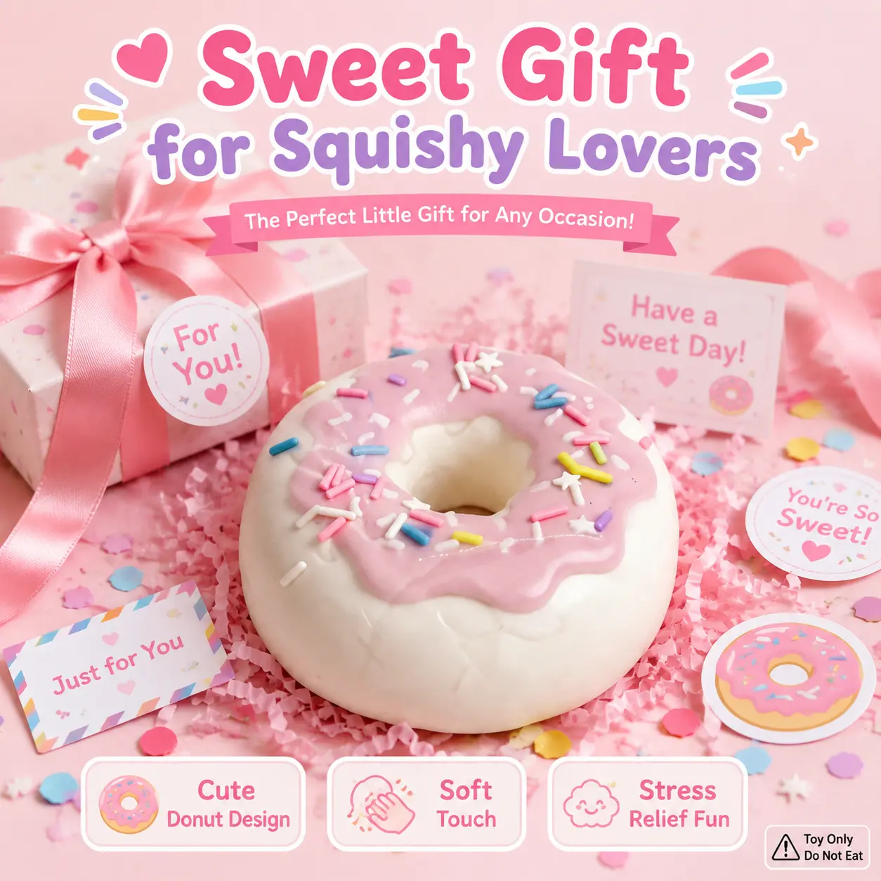 100% Non-Toxic Food-Grade Silicone Cute Donut Squishy Toy, Safe Silicone Stress Relief Squeeze Toy, Non-Toxic Slow Rising Fidget Toy for Anxiety, Kawaii Dessert Decompression Toy