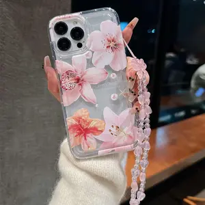 Floral Pattern Phone Case with Beaded Lanyard, Clear Phone Case, Phone Accessories Compatible with iPhone 15 14 13 12 11 Pro Max, Cover, Flower