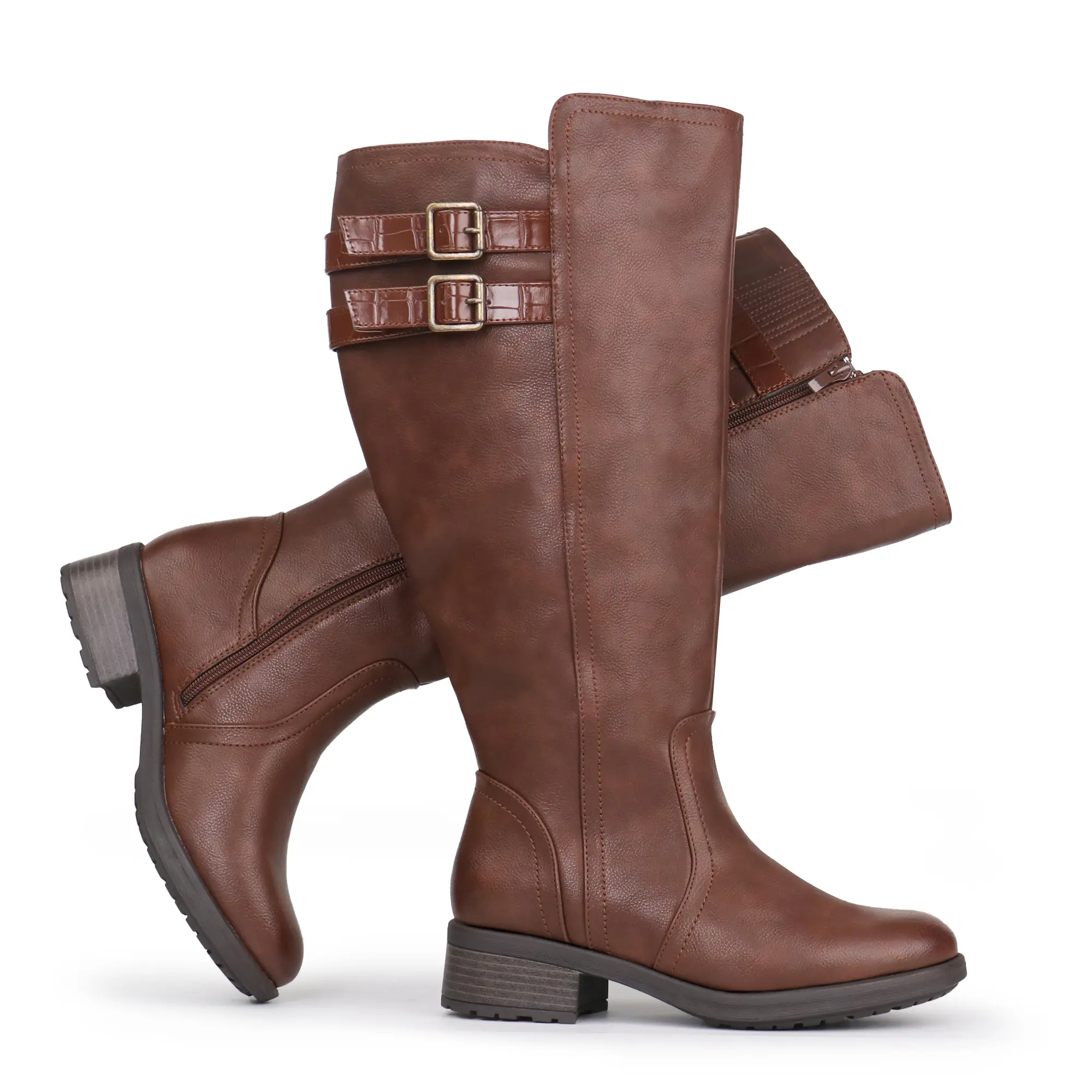 Women's Fashion Extra Wide Calf Knee High Boots - Block Heels, Hidden Stretch, Buckle Closure, Casual Shoe, Stylish Footwear
