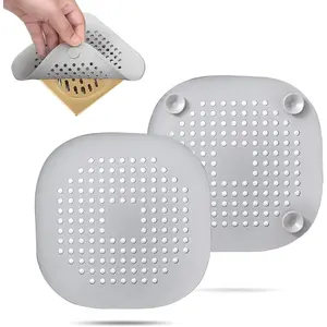 2 Pack Hair Drain Catcher,Square Drain Cover for Shower Silicone Hair Stopper with Suction Cup,Easy to Install Suit for Bathroom,Bathtub,Kitchen (Sliver Grey)