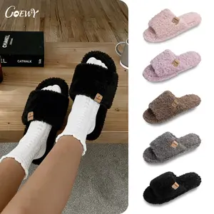 Fuzzy Open Toe Slippers for Women Indoor Cozy Memory Foam Slip On House Slides Shoes Gifts for Her Mom Size 5-12 Non-Slip Soft Faux Fur Footwear - Girl