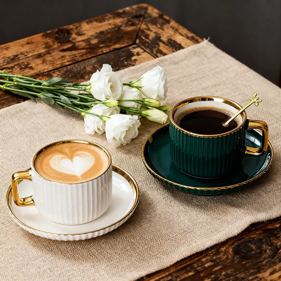 Vintage Coffee Cup & Saucer Set, European Style Ceramic Coffee Cup & Saucer, Ceramic Beverage Cup, Cups with Saucers, Ideal for Breakfast Milk and Office Latte Art, Coffee Cups Gift