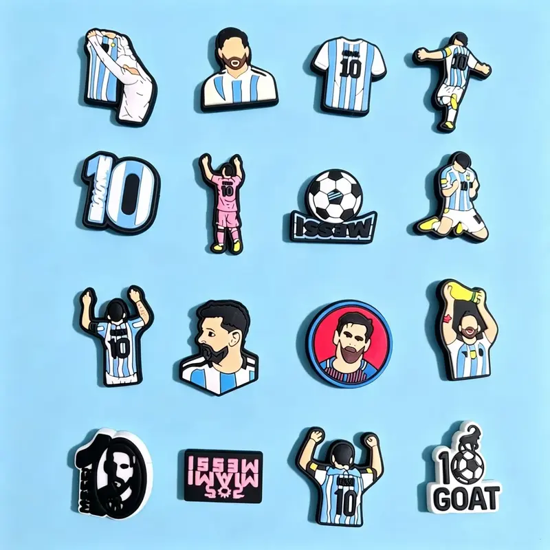 16-Pcs Soft Waterproof Soccer Football Theme Goat Number 10 Diamond Small Shoe Charms, Cute Shoe Decorations for Sneakers & Clog Sandals, Birthday Footwear Decor Gift for Soccer Fans
