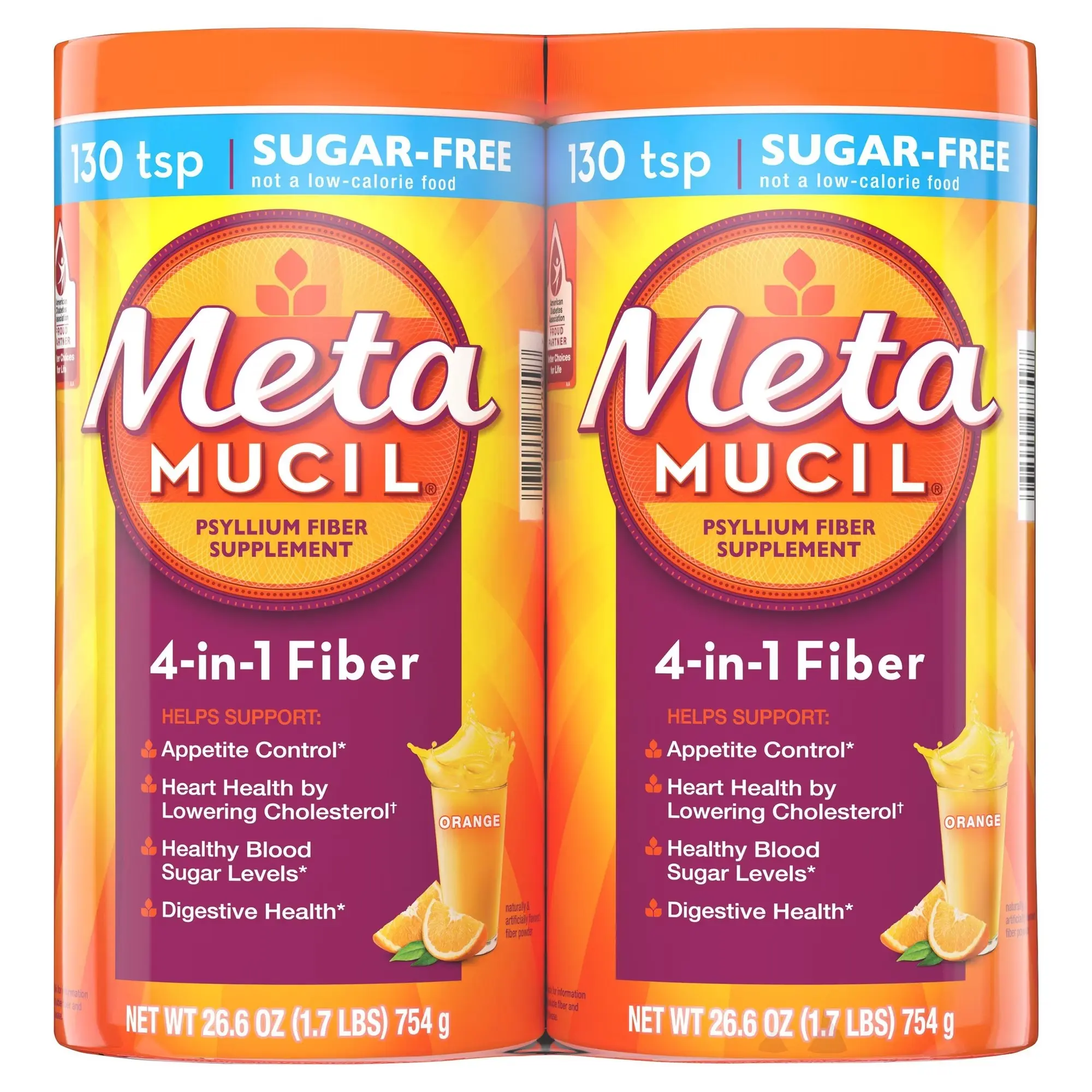 Metamucil 4-in-1 Psyllium Husks Fiber Powder, Sugar Free Low Sugar Orange Flavor, 26.6 oz 2-Pack Dietary Supplement for Digestive Gut Support & Heart Health (Health & Nutrition Wellness)