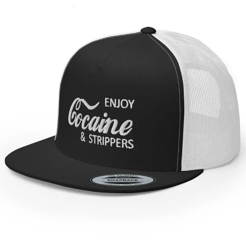 Enjoy Cocaine and Strippers Premium Trucker Hat High Crown Flat Bill Adjustable Cap