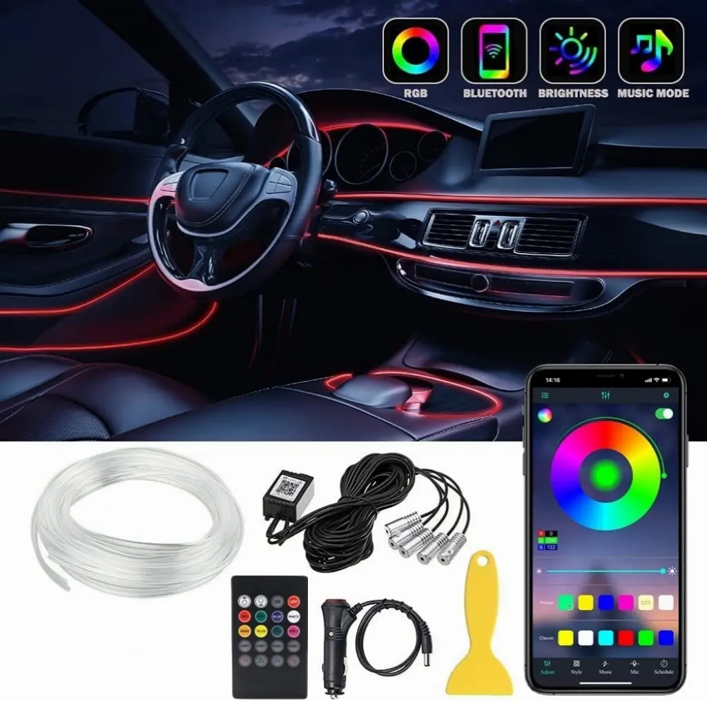 Wireless Bluetooth APP Control,  5 in 1 Car LED Interior Strip Light, 16 Million Colors with 236 inches Fiber Optic, Multicolor RGB Sound Active Automobile Atmosphere Ambient Lighting Kit