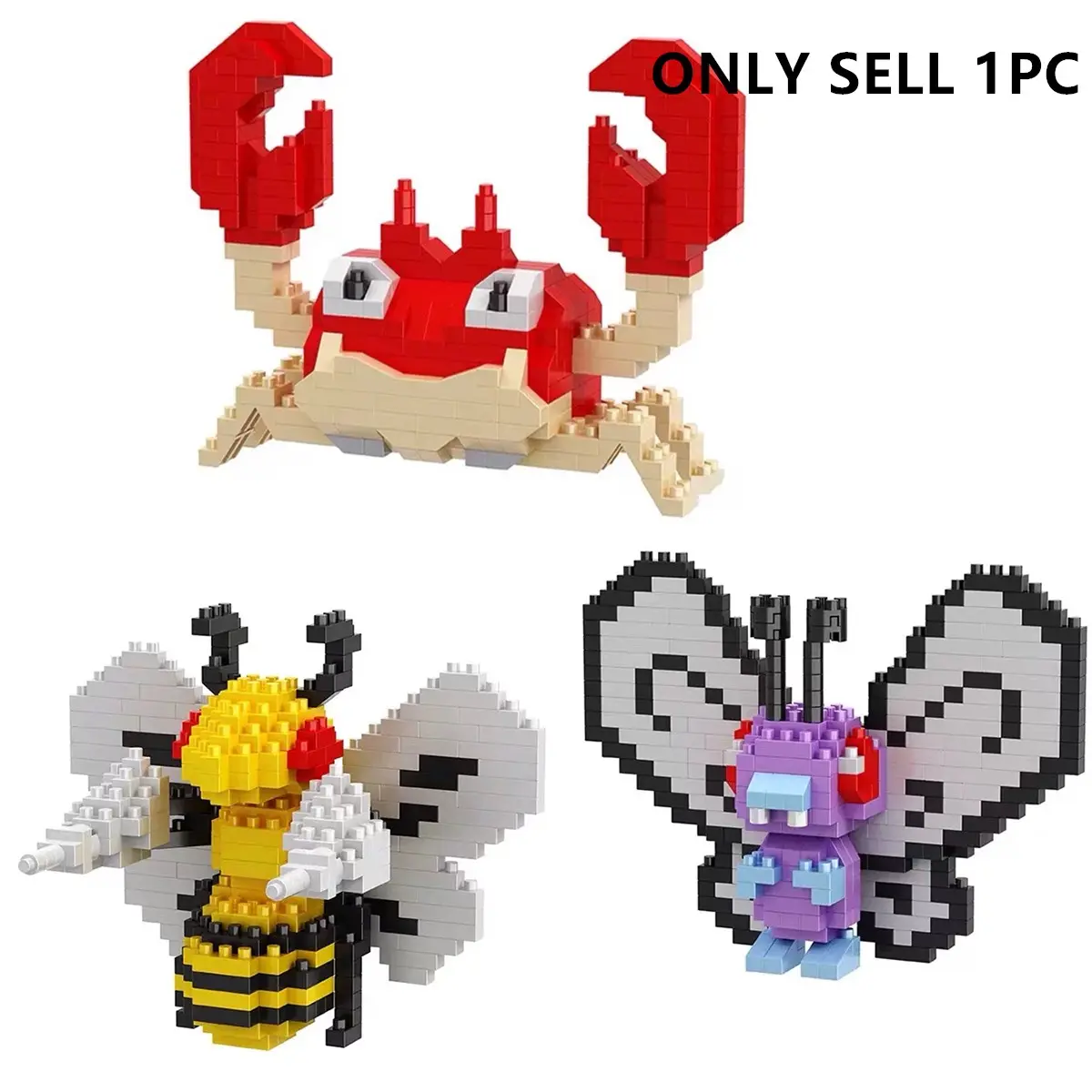 Cartoon Crab & Butterfly & Bee Design, 1 Set DIY 3D Assembly Bricks Creative Educational Puzzle Blocks Toy, Home Decoration Model Ornament, Building Sets, Model Building Kits