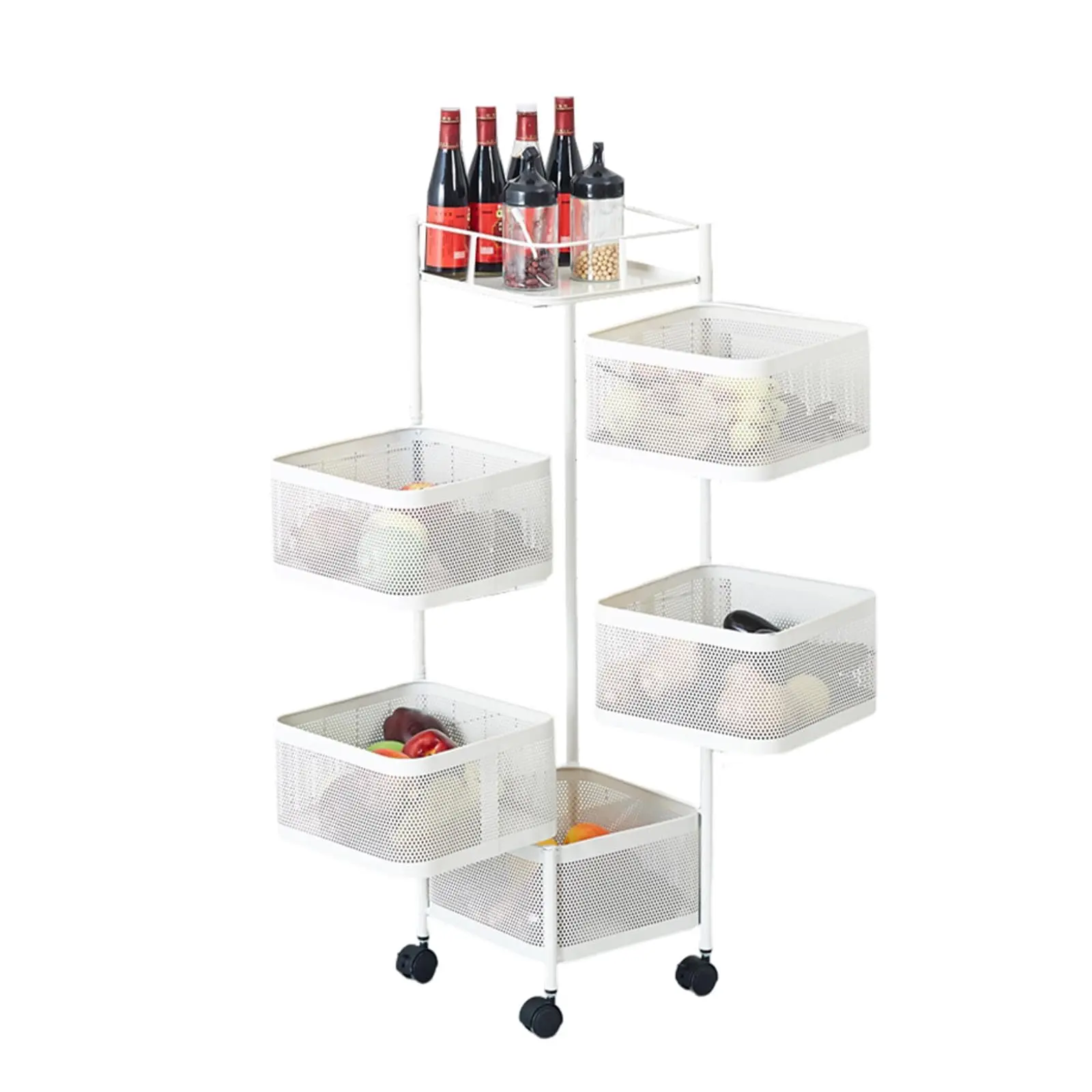 5-Tier Rotating Metal Mesh Kitchen Storage Rack with Wheels - 360° Rolling Pantry Organizer Shelf for Fruits & Vegetables - Sturdy Mobile Basket Stand Unit for Snacks, Black, 245 Chars
