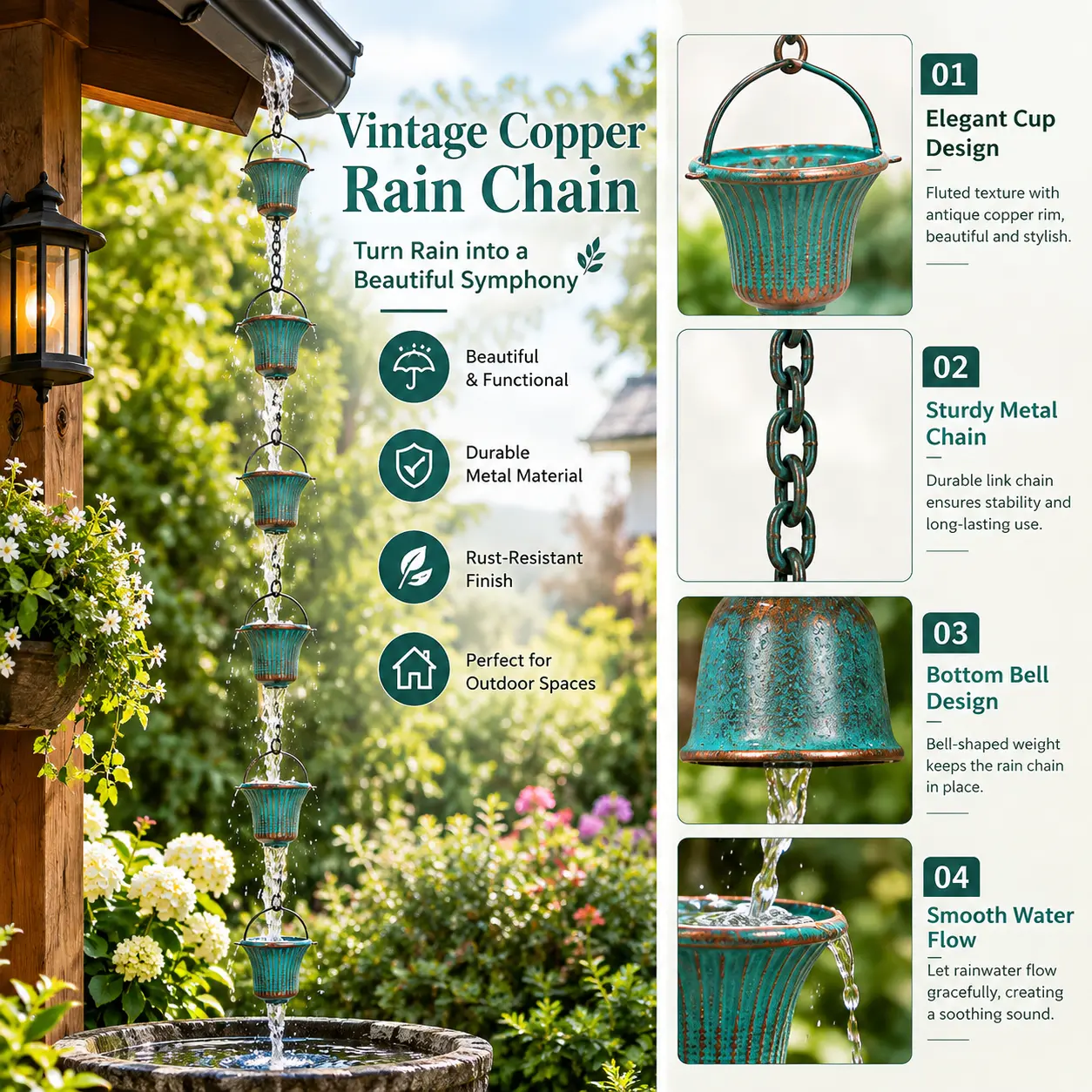 Vintage Patina Green Rain Chain - 11.1 ft Long, 12-Flower Cups Rainwater Diverter, Weatherproof Outdoor Hanging Ornament for Gardening Lovers’ House Backyard (Home Improvement Garden Supplies)
