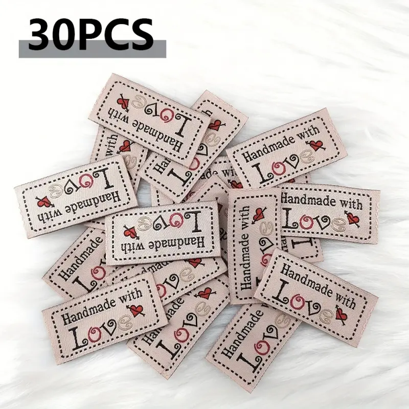 (30pcs) 3 Color Sewing Labels/Handmade & Love Cloth Labels/Label Needles/Handicraft Fashion Clothing Sewing Products/High Quality Clothing Sewing Labels, Size 0.78*1.97 Inch (20*50mm)