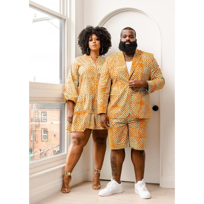 Hami Men's African Print Lightweight Blazer (Orange Blue Adire)