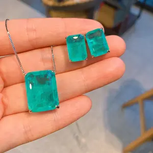 Two For One!!!  Emerald Para Blue Rectangle Earrings Necklace Set High Sense Light Luxury Cold Wind Jewelry Set