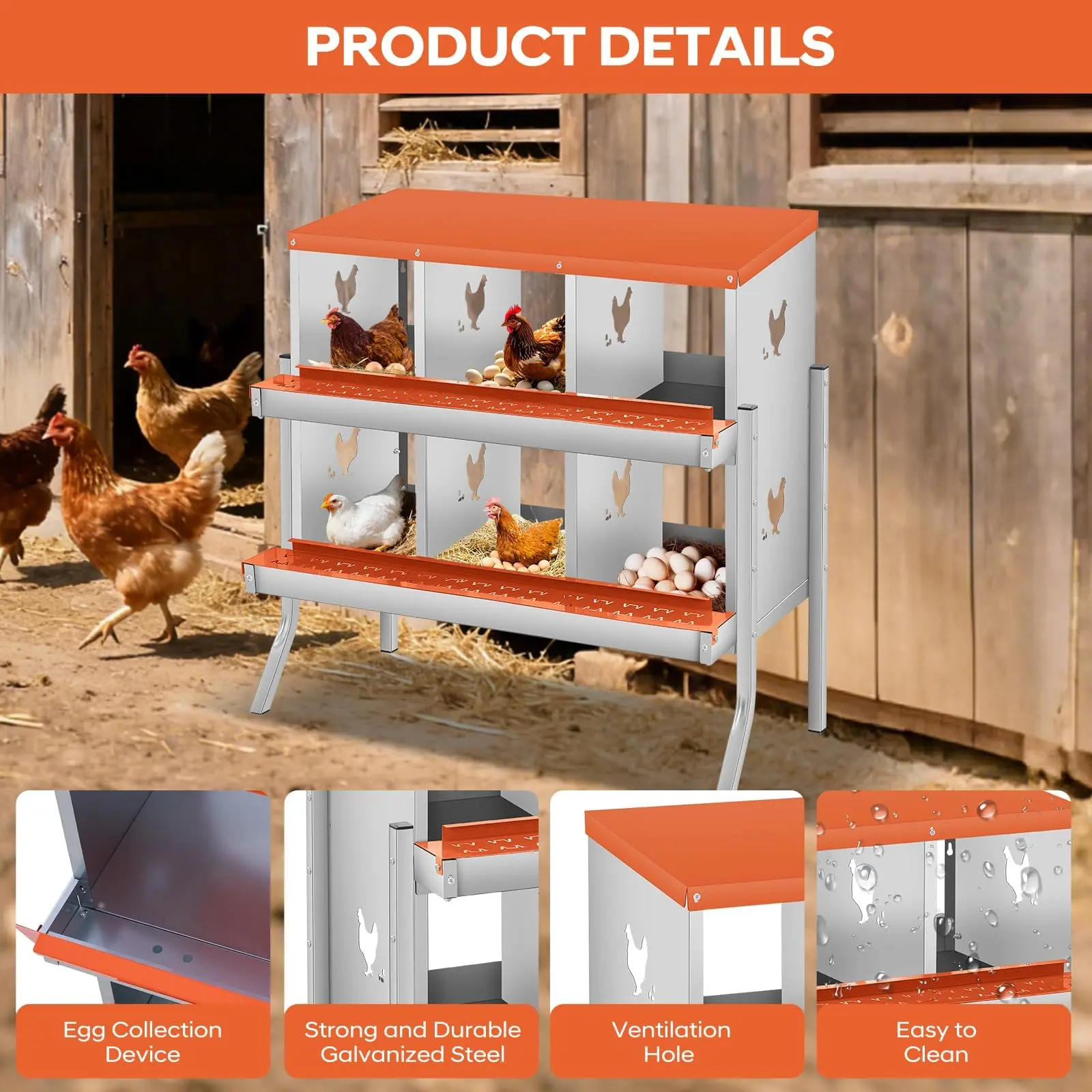 Garvee Two-Tier Galvanized Steel Chicken Nesting Box with 6 Compartments, Large Vented Holes, Wall Mount, Removable Tray, Rustproof, Red - Durable and Practical Poultry Housing Solution