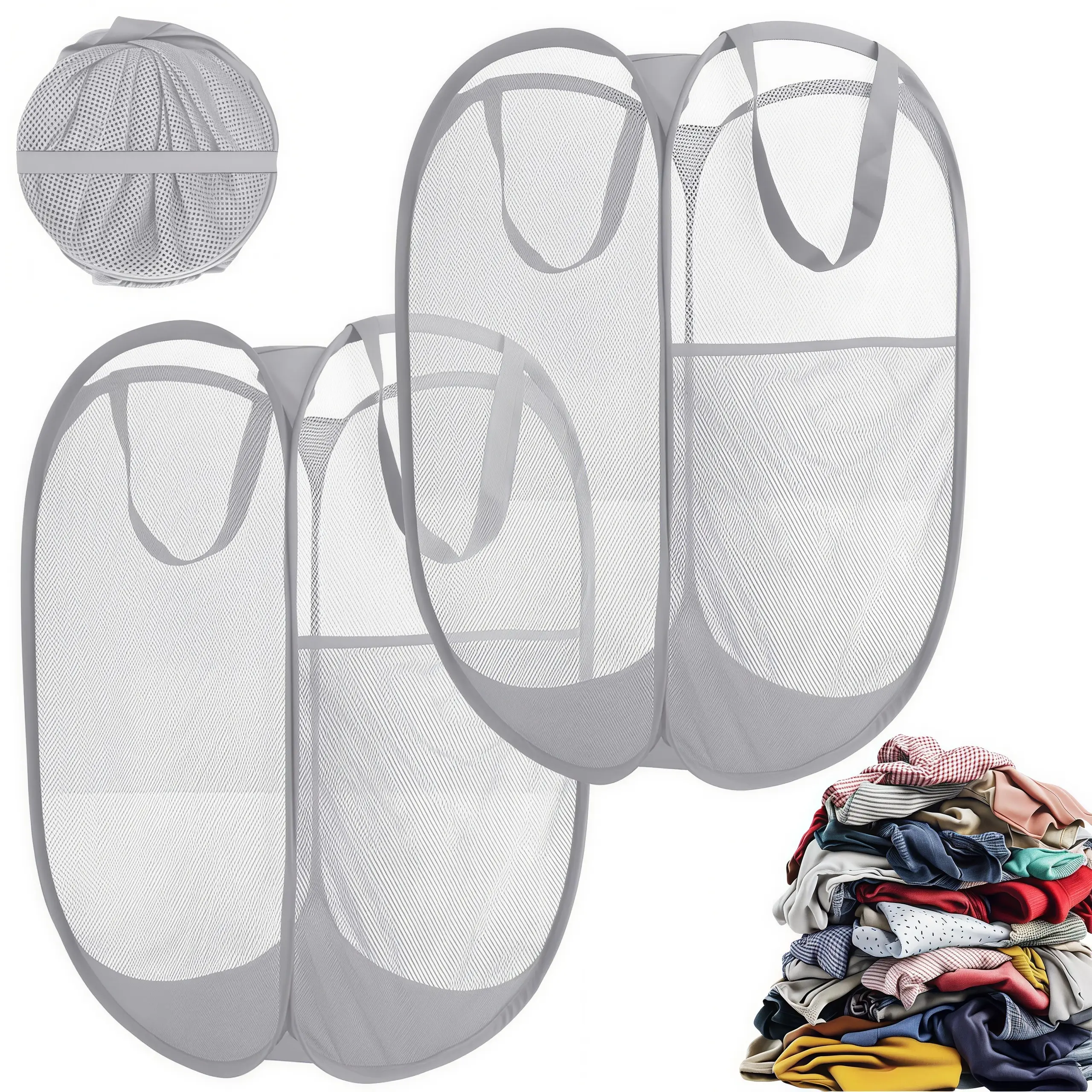 LMMAKE 2PCS Portable Laundry Baskets, Collapsible Mesh Pop-Up Hampers with Side Pockets, Sturdy Reinforced Handles for Home, Dorm, Bedroom Storage, Laundry Basket