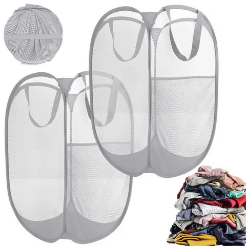 LMMAKE 2PCS Portable Foldable Durable Mesh Baskets Set - Sturdy Reinforced Handles, Breathable Side Pockets, Large Opening, Airflow Design, Wear-Resistant for Home, Bathroom (Foldable Laundry Solutions, With Handle Laundry Baskets)