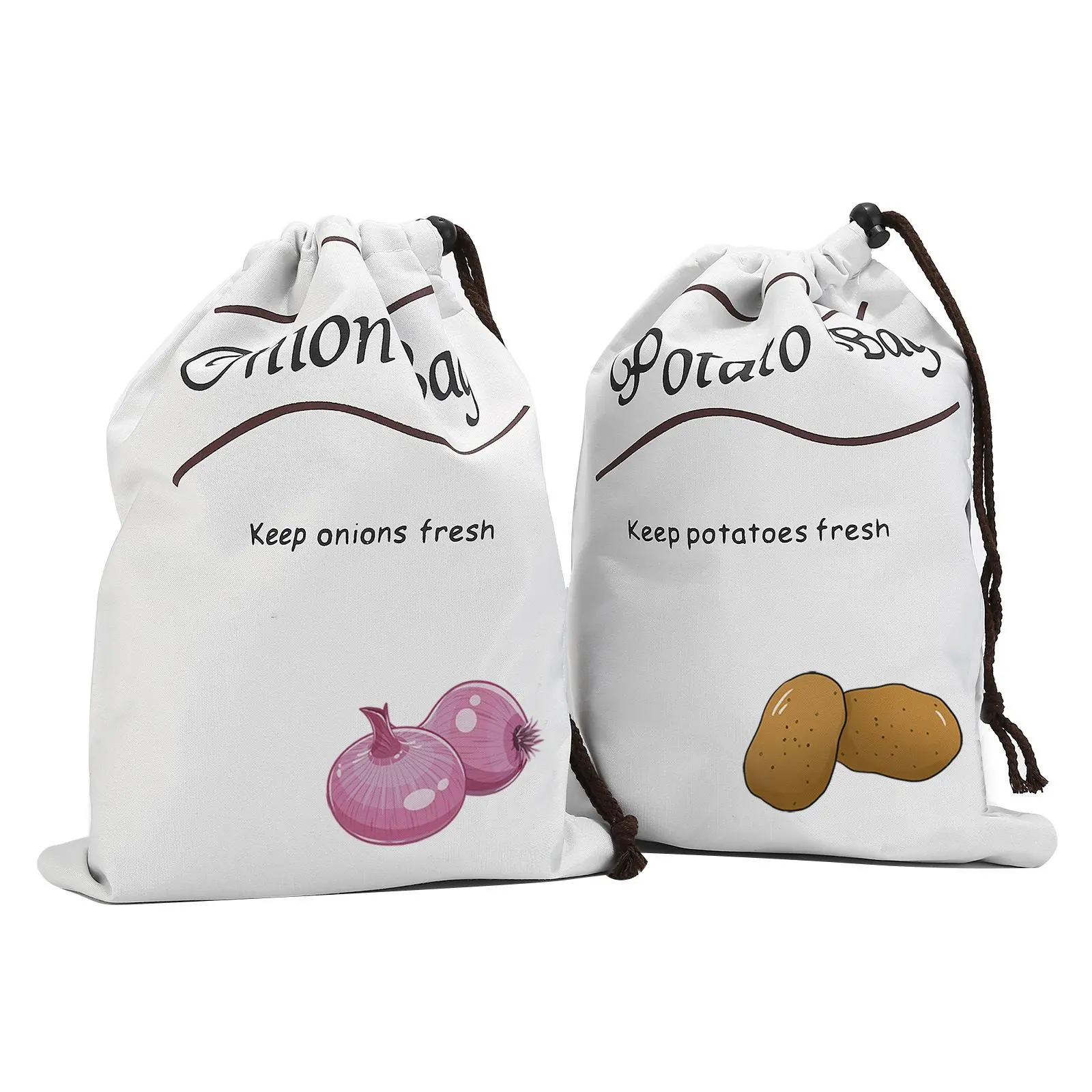 2pcs Reusable Vegetable Storage Bags - Food-Safe Canvas with Drawstring Closure, Onion and Potato Keeper, Prevents Sprouting, Extends Freshness - Essential Kitchen Organizer, Durable Kitchenware Preserving Container, 1 Onion +1 Potato