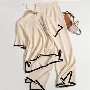 2025 New Elegant Color-Block Sports 2-Piece Set, Short-Sleeve Knit Top with Split Detail + High-Waisted Slimming Wide-Leg Pants