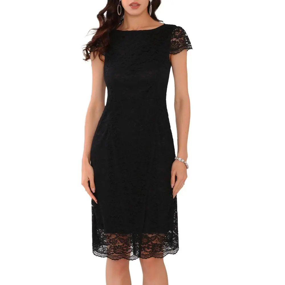 INSPIRE CHIC Women's Cocktail Floral Lace Cap Sleeve Boat Neck Midi Dress Black XX-Large, Accessories, Garment