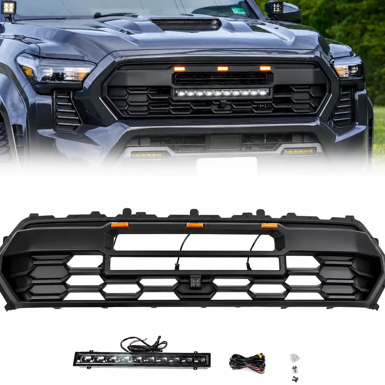 Front Bumper Upper Grille Fit For 1997-2026 Toyota Tacoma Crew & Extended Cab, Upgrade Front Grille Grill Assembly Replacement Matte Black With LED Lights & Letters TRD Style