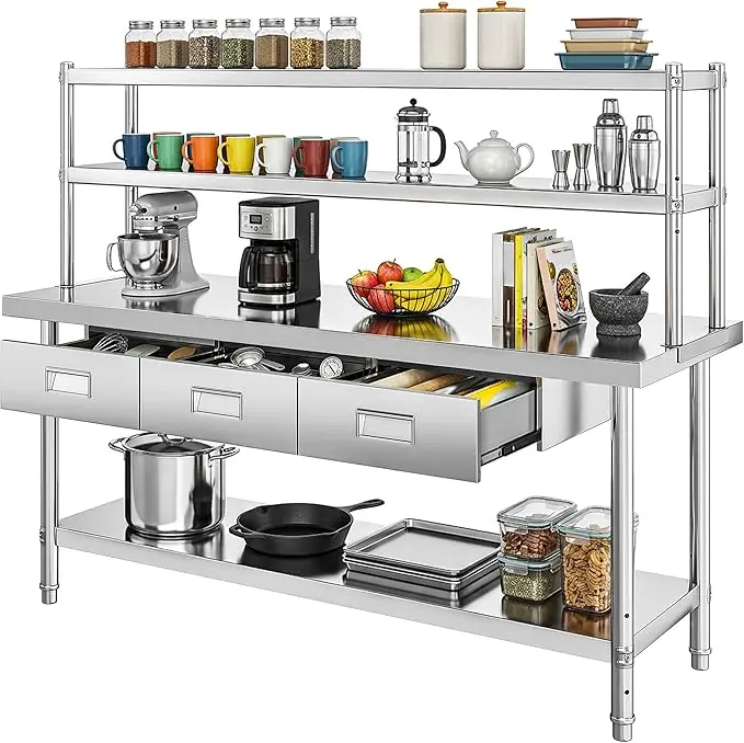 72"X 23.6" Stainless Steel Table w/72"x11.5" Overshelves & 3 Drawers | Work Station NSF Metal Worktable Prep Table for Home Commercial Kitchen Restaurant Garage Warehouse Outdoor