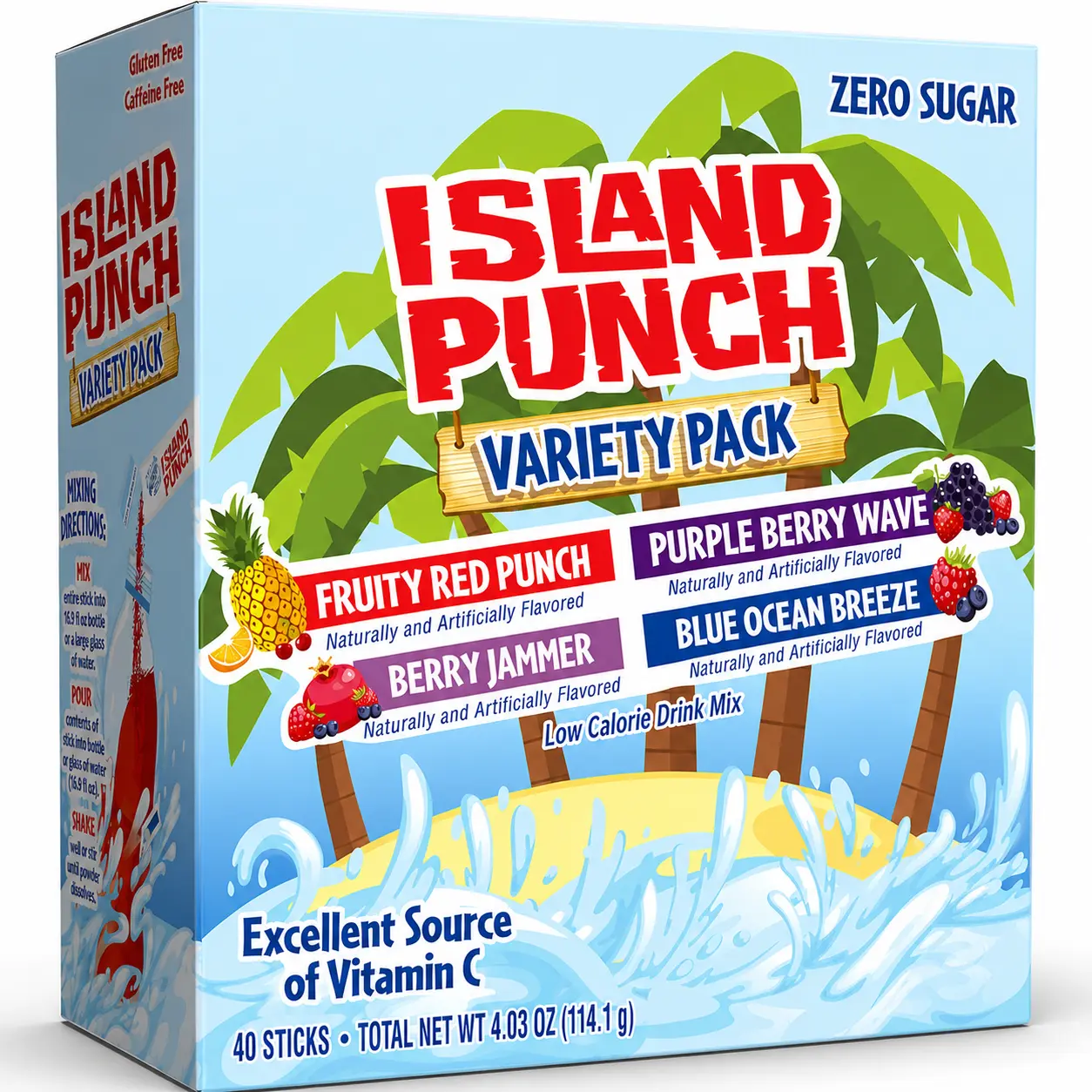 Island Punch Variety Pack 40 Drink Mix Packets Sugar-Free Water Flavor Enhancer Low Calorie On-the-Go Powdered Beverage Mix Assorted Tropical Fruit Drink Sticks