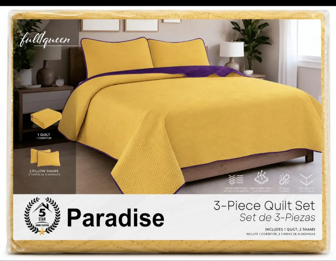 Paradise 3-Piece Quilted Bedspread Set – Mustard Yellow Reversible Quilt with 2 Matching Pillow Shams