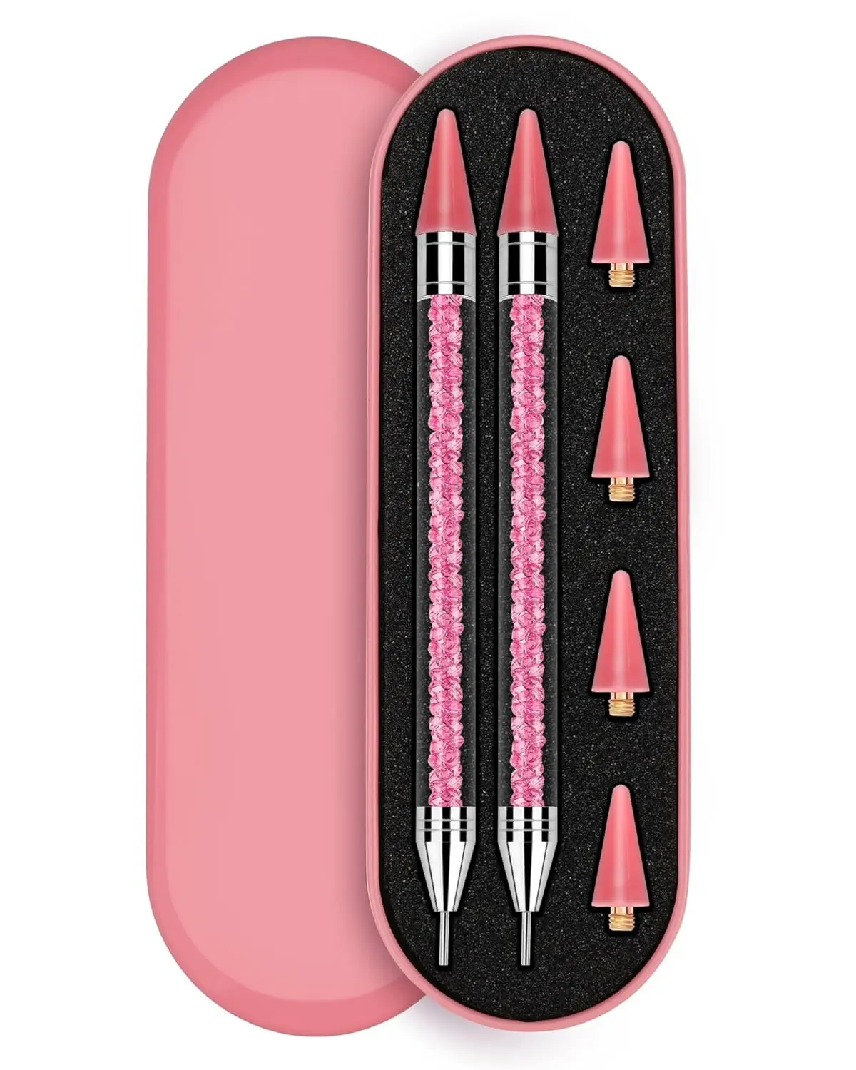 Rhinestone Picker Tool, 2PCS Rhinestone Applicator Tool Dotting Wax Pen Dual-Ended with 4PCS Replaceable Wax Tips for DIY Nail Art Tool (Pink)