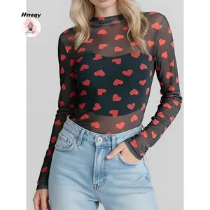 Women's Sheer MeshBodysuit Heart Print Long Sleeve Round Neck Triangle Romper Leotard Tops