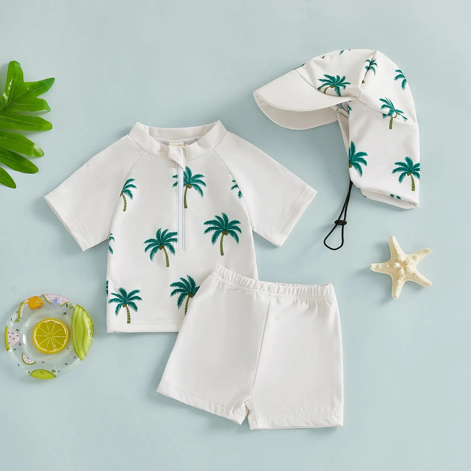 Meihuida Baby Boy Swimsuit Set Toddler Rash Guard Swimwear Coconut Tree Print Short Sleeve Swim Shirt Trunks with Sunhat 3Pcs Beachwear