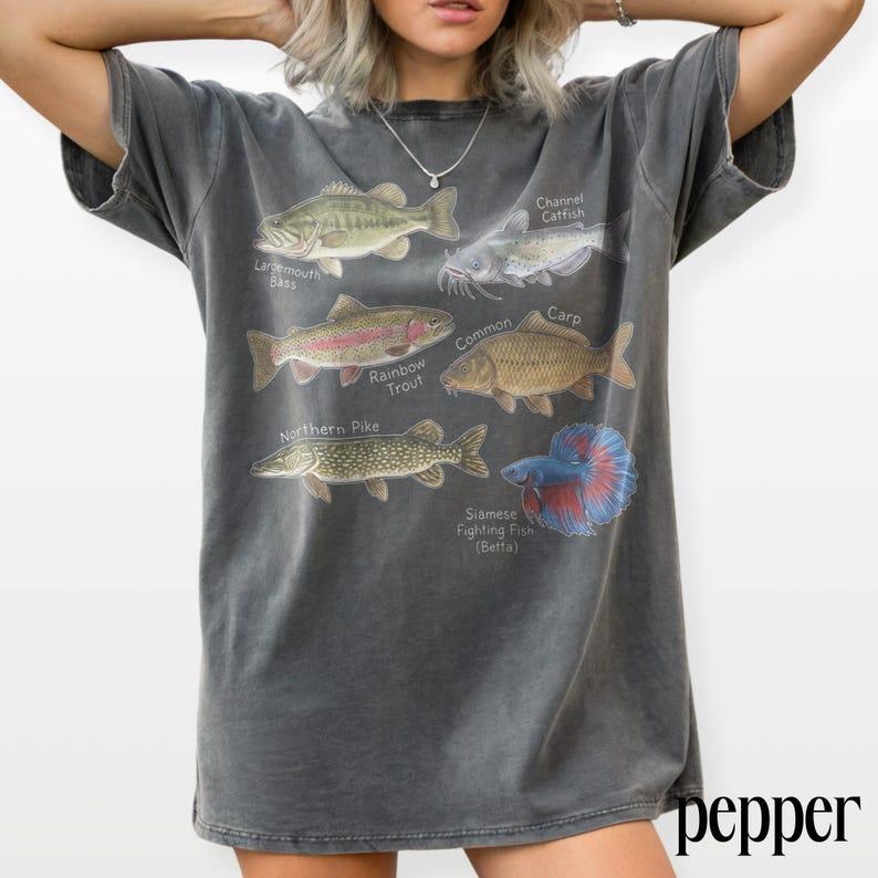 Comfort Colors Vintage Old School Freshwater Fish Graphic Tee, Angler Species Collection Shirt, Retro Outdoor Nature Style Top, Fishing Gift Tee