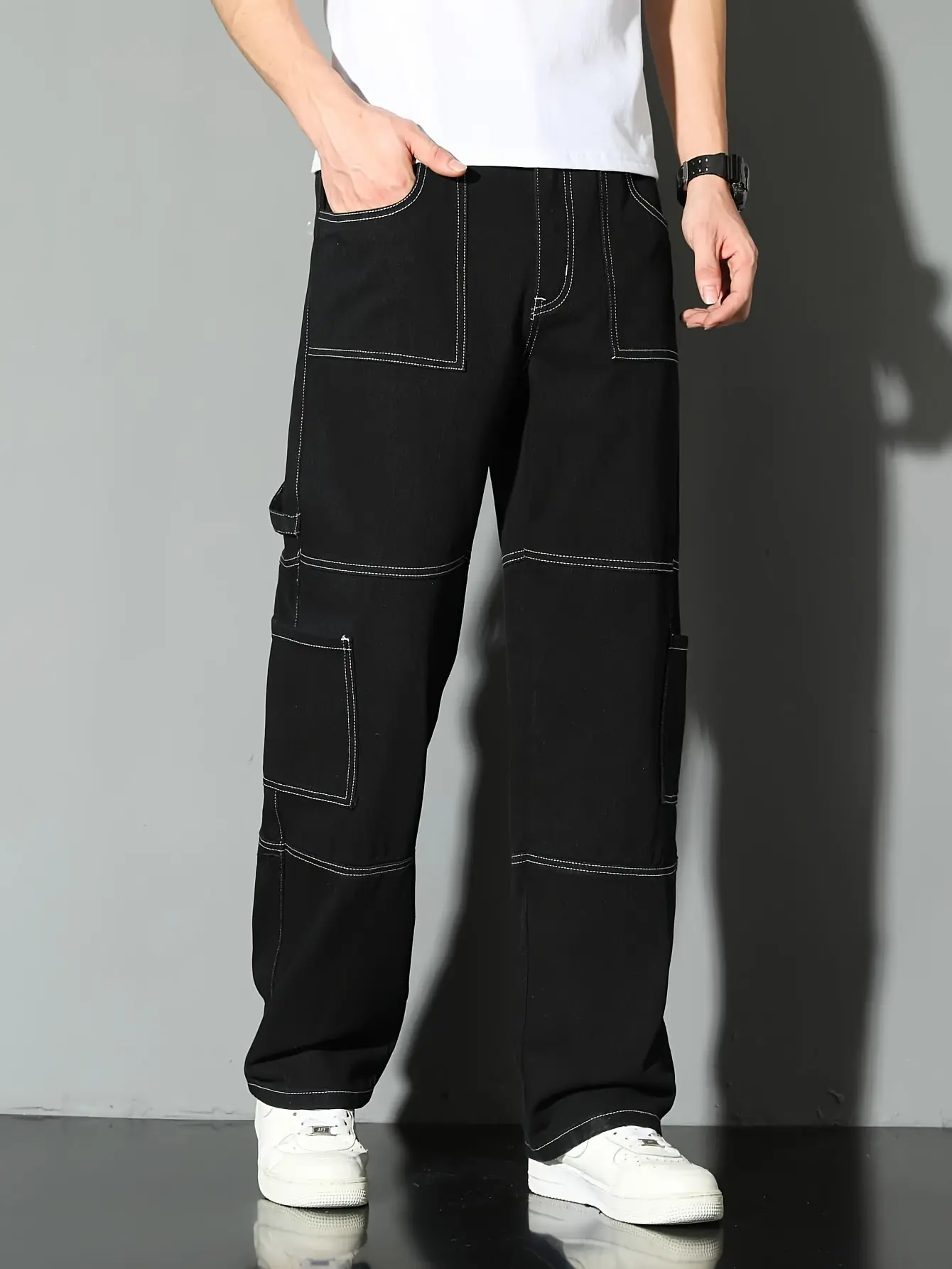 Men's Casual Cargo Pants, Loose Straight-Leg Streetwear Style, Smooth Denim Fabric with Multi-Pocket Color-Contrast Design, Polyester, Cotton, Rayon, Clothes, Four Seasons