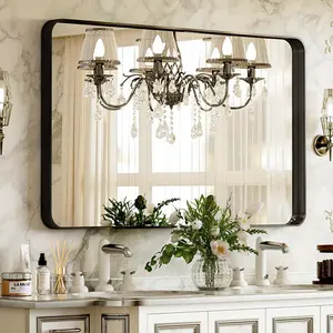 New 24x32 Inch Large Black Deep Frame Wall Mirror - Modern Round Corner Vanity Mirror with Sleek Glass Surface Perfect for Bathroom Bedroom Living Room - Hanging or Leaning Horizontal or Vertical Black and Gold Finish Uncharged by VooBang Decor Door