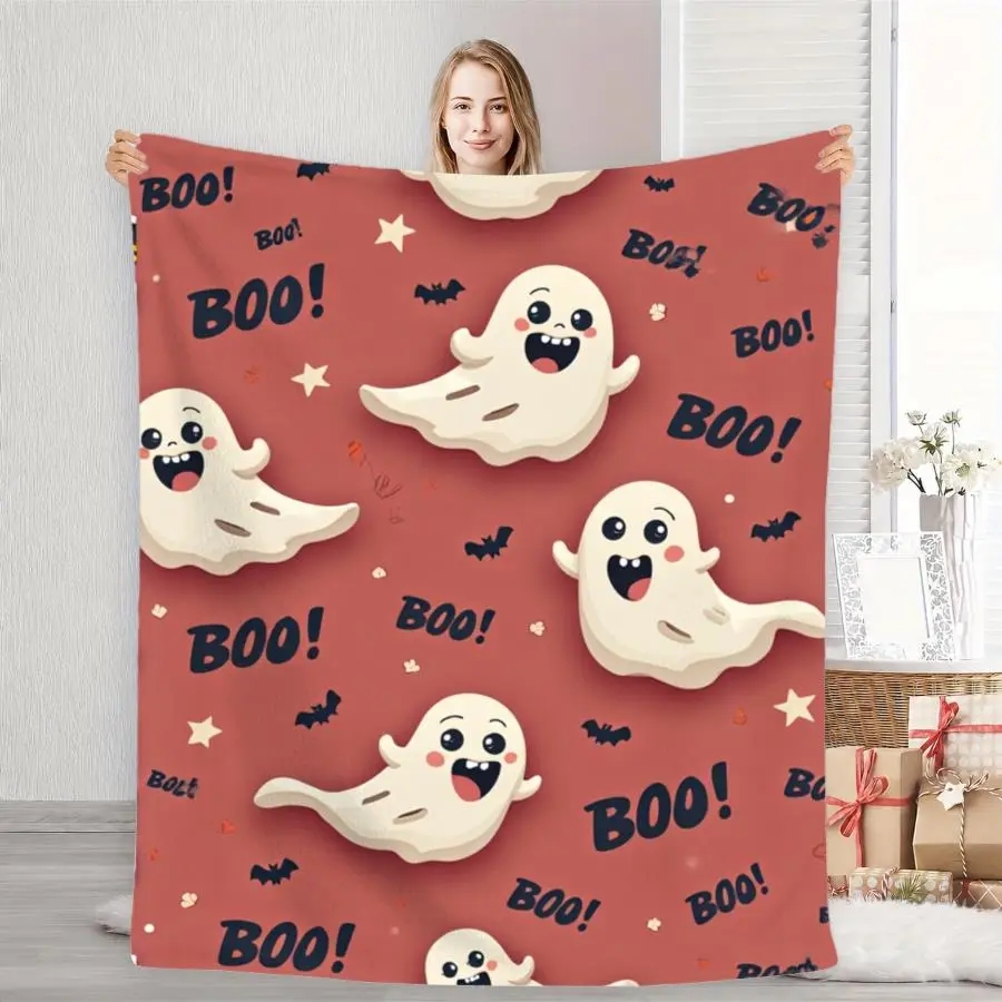 1pc Flannel Soft Cozy Plush Blanket, Large Fluffy Comfortable Throw for Bed and Sofa, Playful Halloween Ghosts with BOO! Pattern on Red Background, Cute Holiday Home Dcor Gift,  Perfect as Home Decoration & Holiday Gift Choice.