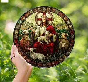 Jesus and Lambs Faux Stained Glass Suncatcher: Christian Window Decor