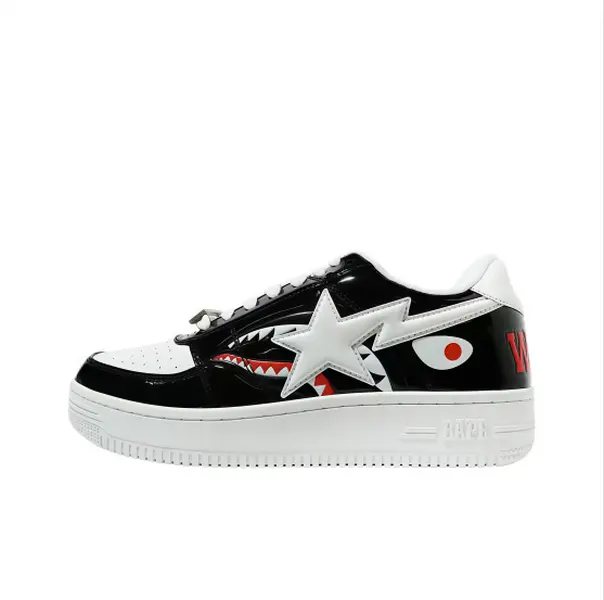 Classic black and white low top sneakers with white star and shark graphic, glossy patent leather upper, unisex streetwear shoes for daily casual styling