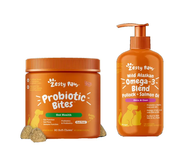Zesty Paws Gut and Skin Duo Bundle - 16oz Salmon Oil + 90 Probiotic Bites - Boost digestion and skin health together with Wild Alaskan Salmon Oil and Probiotic Bites for your furry friend Canine Nutritional Supplement