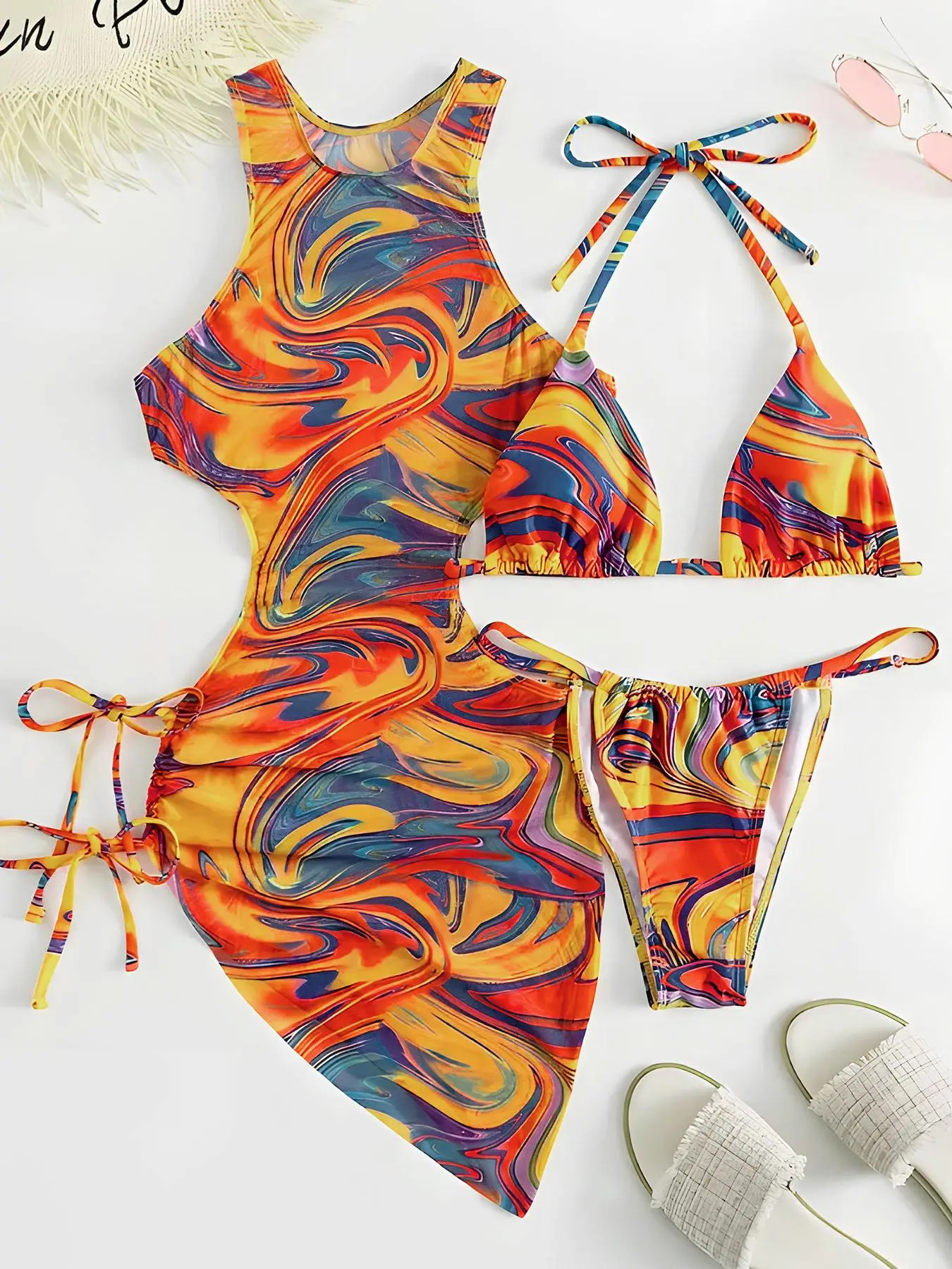 Three-Piece Set Women's All Over Print Cut Out Swimsuit Sets, Drawstring Dress & Triangle Swim Top & High Cut Swim Bottom, Summer Bathing Suits 2024
