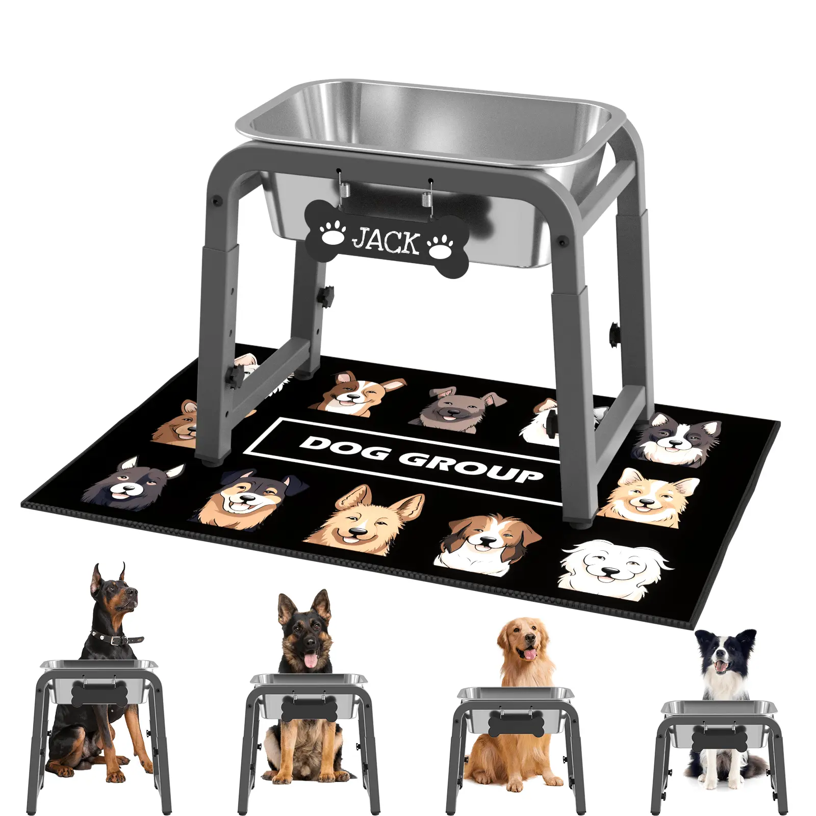 4-Level Height -Adjustable Feeder with 1.2GAL  Stainless Steel bowl & Custom Dog Tag & Splash Mat