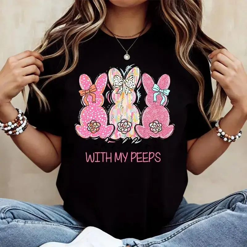 Women's T-Shirt with 'Chill With My Peeps' Easter Graphic, Casual Short Sleeve Top in Smooth Cotton with a Round Neck and Seamless Fit, Solid, Shortsleeve, Basic, Fabric, Soft, Tshirt