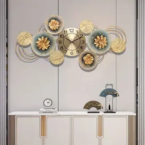35-inch Large Living Room Decorative Wall Clock with 3D Gold Metal Flower Design. Modern and Creative Decorative Large Wall Clock with Glossy Finish. Suitable for Bedrooms, Kitchens, and Dining Rooms.
