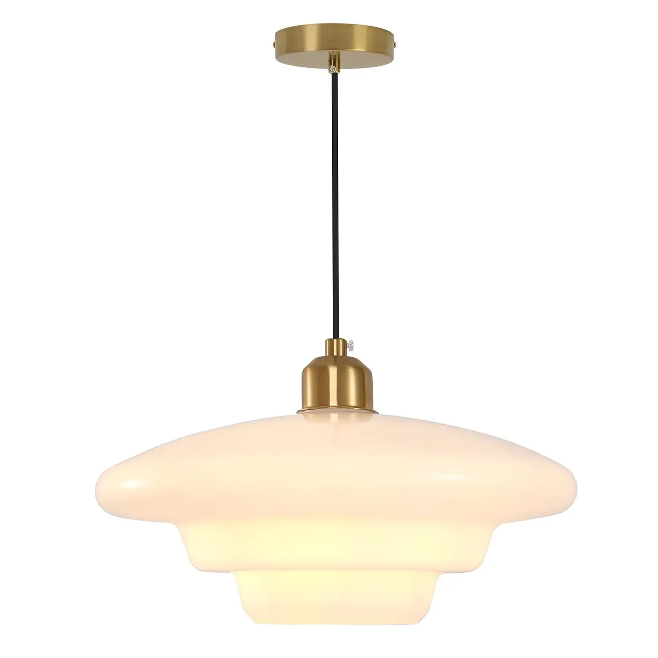 Mid Century Modern Gold Pendant Light with White Glass Shade, Adjustable Height Nordic Hanging Lamp for Kitchen Island, Dining Table & Bedroom Lighting