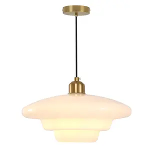 Mid Century Modern Gold Pendant Light with White Glass Shade, Adjustable Height Nordic Hanging Lamp for Kitchen Island, Dining Table & Bedroom Lighting